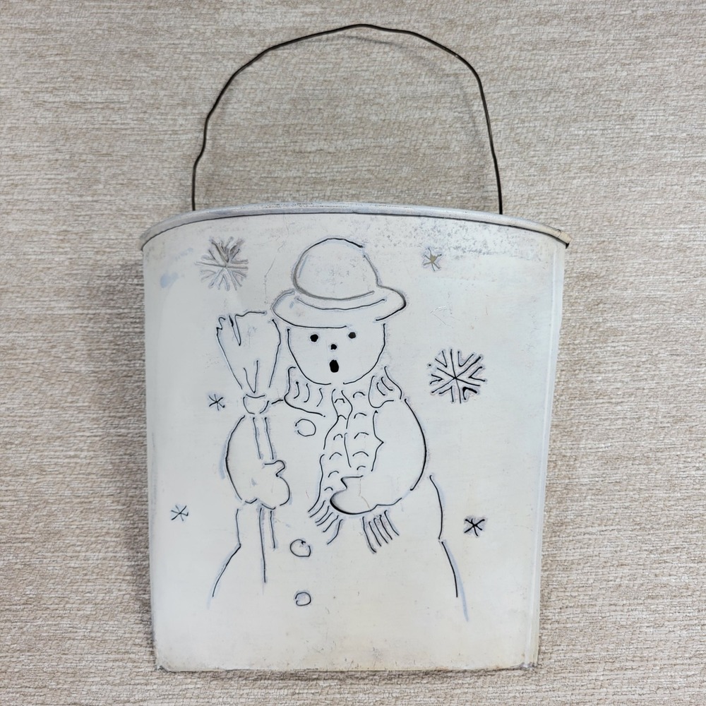 Snowman Metal Basket 12" White Wire Handle Primitive Christmas Winter Vintage